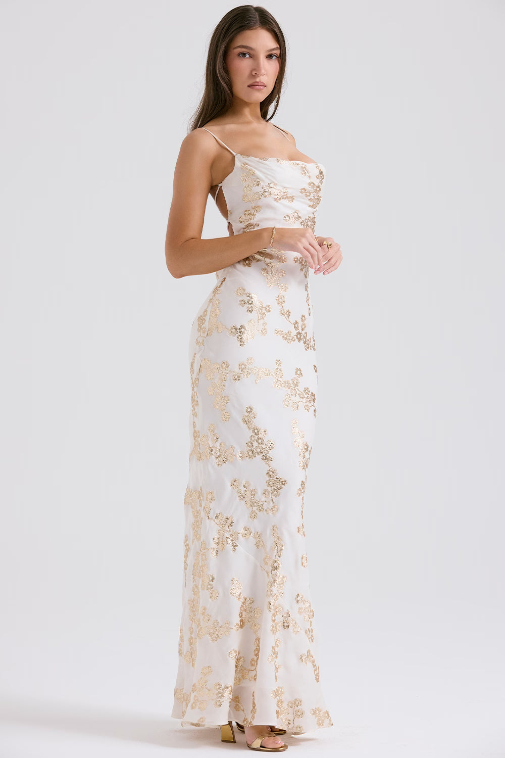 Meshki Capriana White & Gold Satin Gown